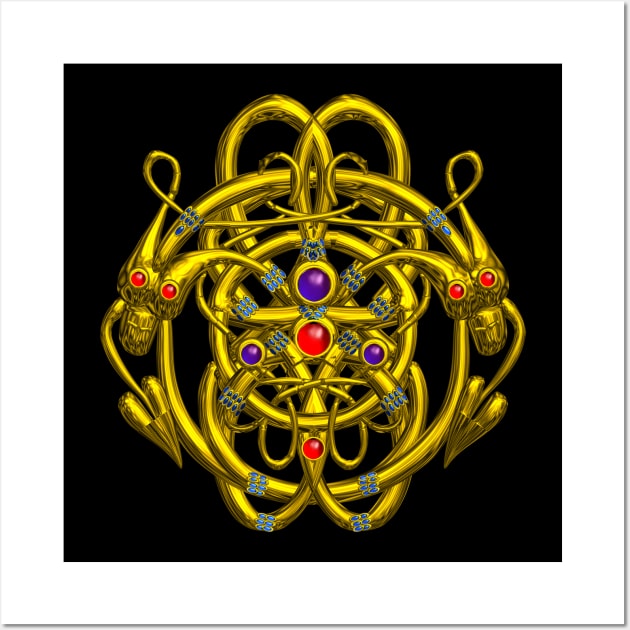 TWIN DRAGONS Gold Celtic Knots with Gemstones Fantasy Jewel Wall Art by BulganLumini